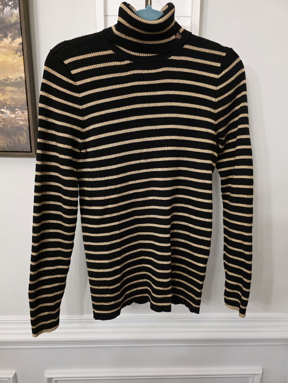 Lauren Ralph Lauren Black & Gold Metallic Stripe Turtleneck Sweater Size XL